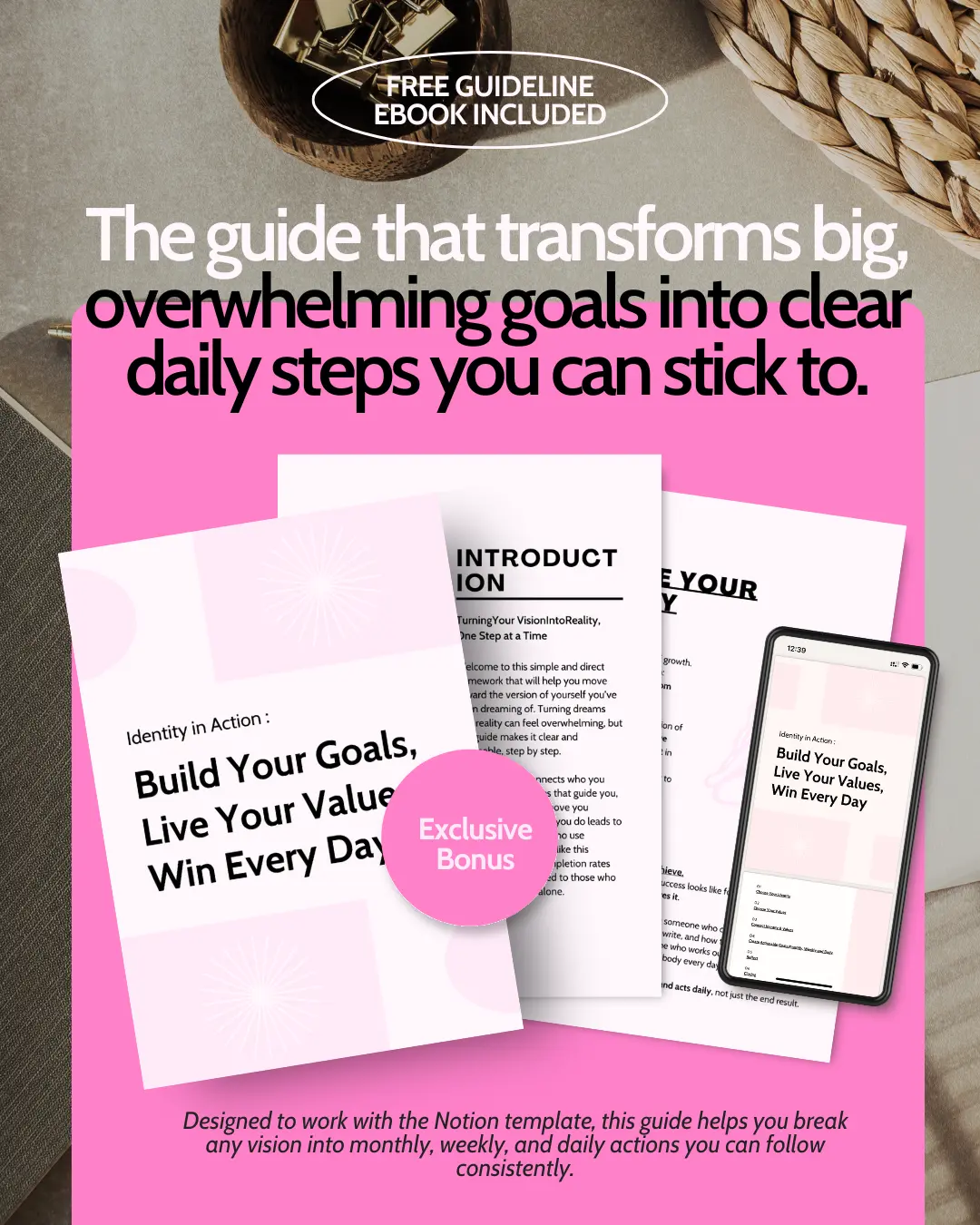 pink aesthetic mockup of a Notion template combining a vision board, daily tracker, and goal framework to manifest goals and stay organized
